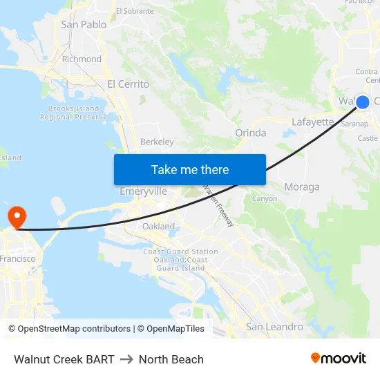 Walnut Creek BART to North Beach map