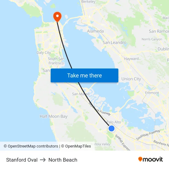 Stanford Oval to North Beach map