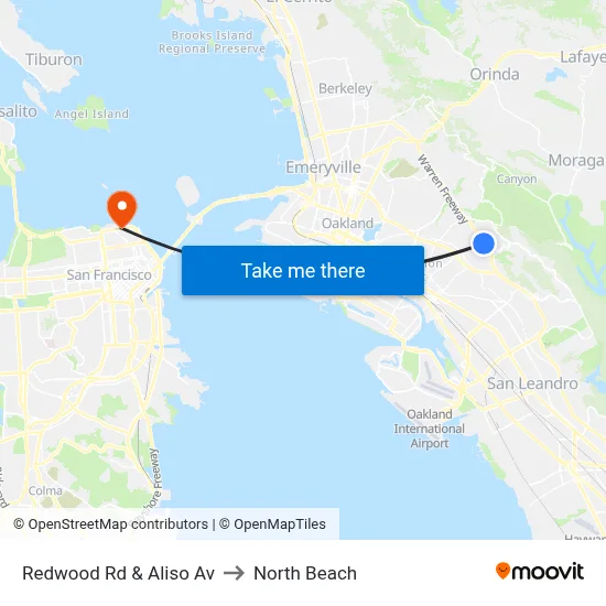 Redwood Rd & Aliso Av to North Beach map