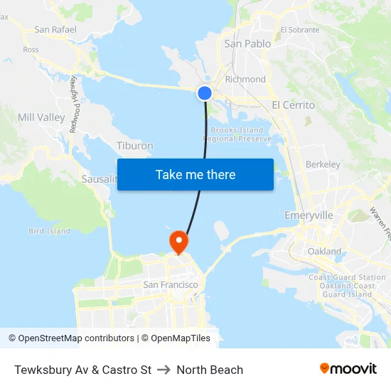 Tewksbury Av & Castro St to North Beach map
