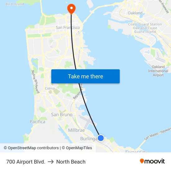 700 Airport Blvd. to North Beach map