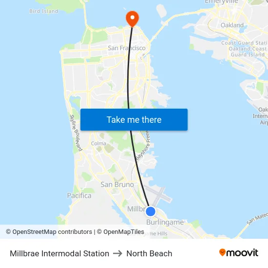 Millbrae Intermodal Station to North Beach map