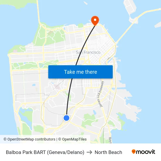 Balboa Park BART (Geneva/Delano) to North Beach map