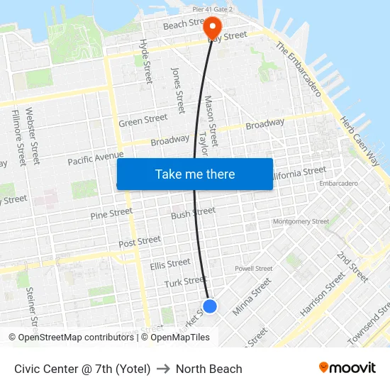 Civic Center @ 7th (Yotel) to North Beach map
