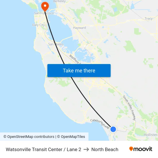 Watsonville Transit Center / Lane 2 to North Beach map