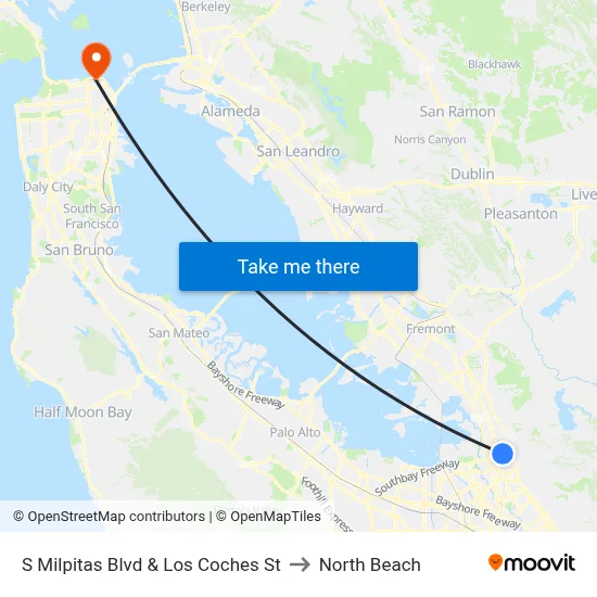S Milpitas Blvd & Los Coches St to North Beach map