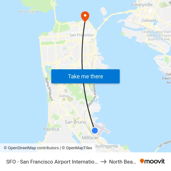 SFO - San Francisco Airport International to North Beach map