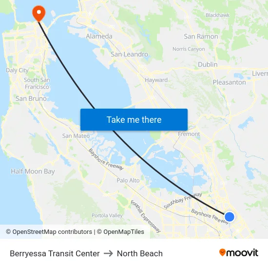 Berryessa Transit Center to North Beach map