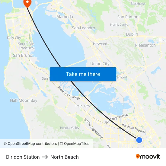Diridon Station to North Beach map