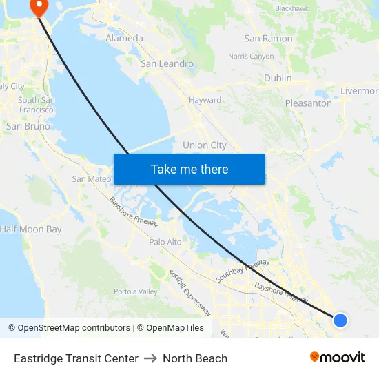 Eastridge Transit Center to North Beach map