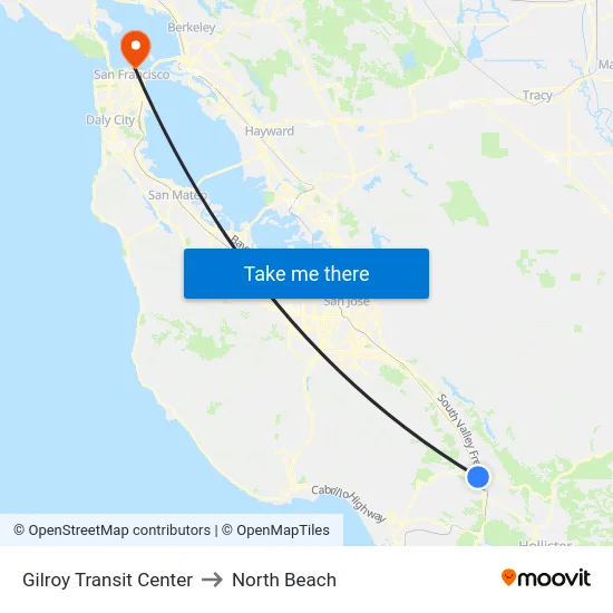 Gilroy Transit Center to North Beach map