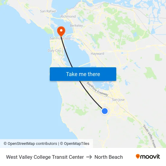 West Valley College Transit Center to North Beach map