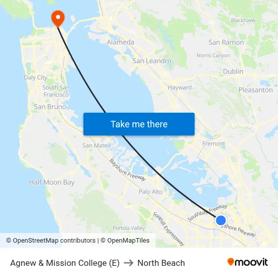 Agnew & Mission College (E) to North Beach map