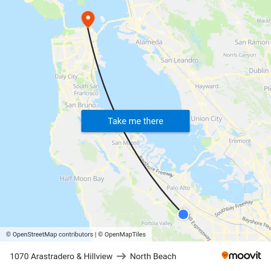 1070 Arastradero & Hillview to North Beach map
