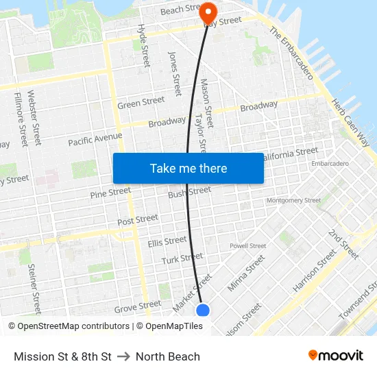 Mission St & 8th St to North Beach map