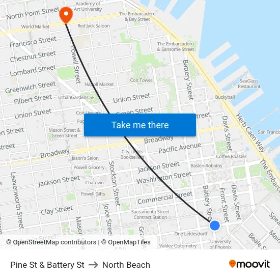 Pine St & Battery St to North Beach map