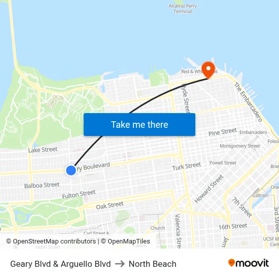 Geary Blvd & Arguello Blvd to North Beach map