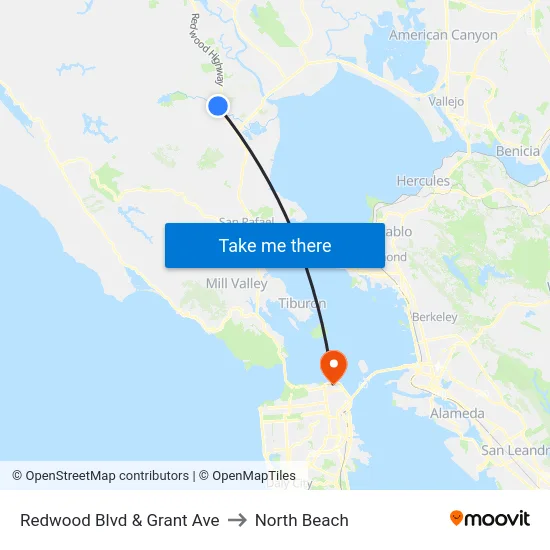 Redwood Blvd & Grant Ave to North Beach map