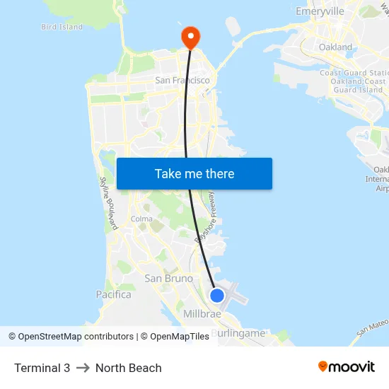 Terminal 3 to North Beach map