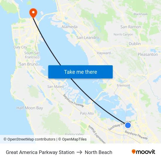 Great America Parkway Station to North Beach map