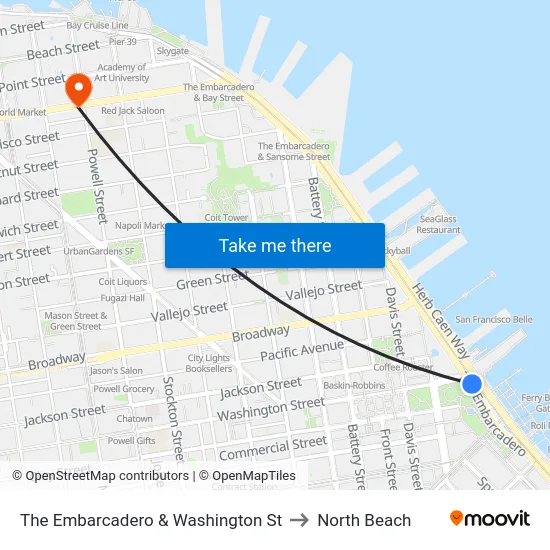 The Embarcadero & Washington St to North Beach map