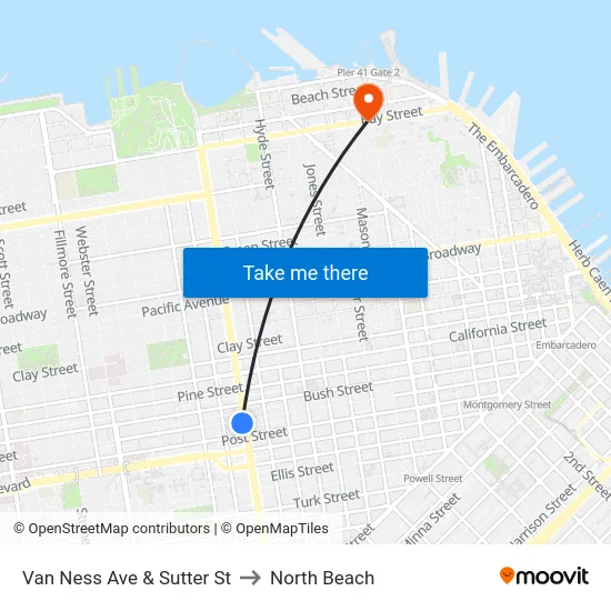 Van Ness Ave & Sutter St to North Beach map