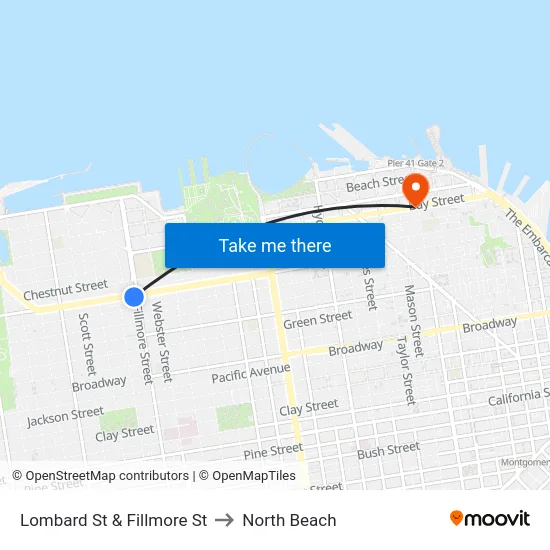 Lombard St & Fillmore St to North Beach map