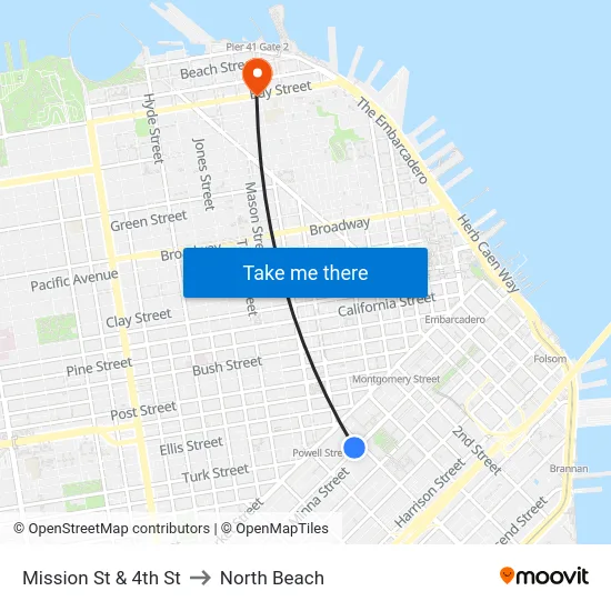 Mission St & 4th St to North Beach map