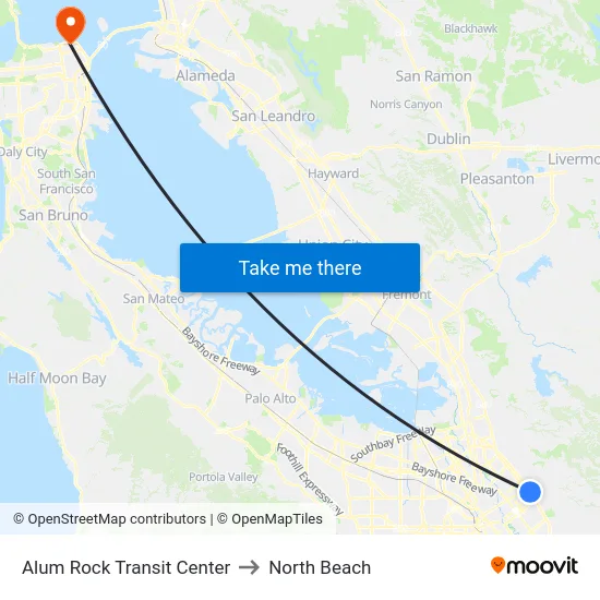 Alum Rock Transit Center to North Beach map
