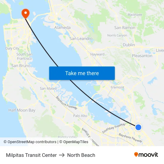 Milpitas Transit Center to North Beach map
