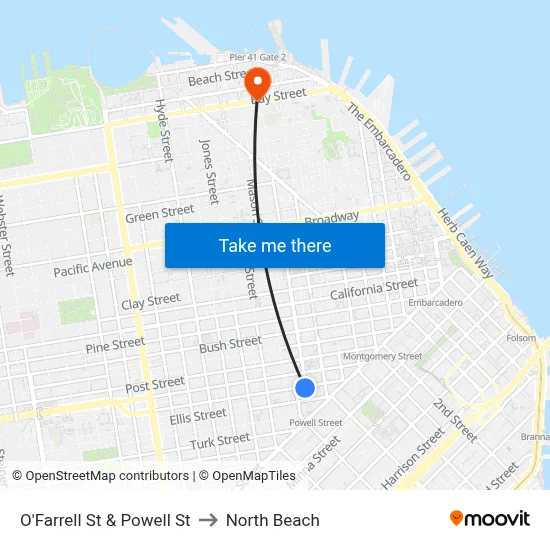O'Farrell St & Powell St to North Beach map