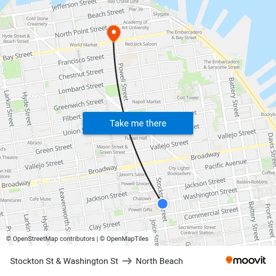 Stockton St & Washington St to North Beach map