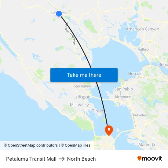 Petaluma Transit Mall to North Beach map