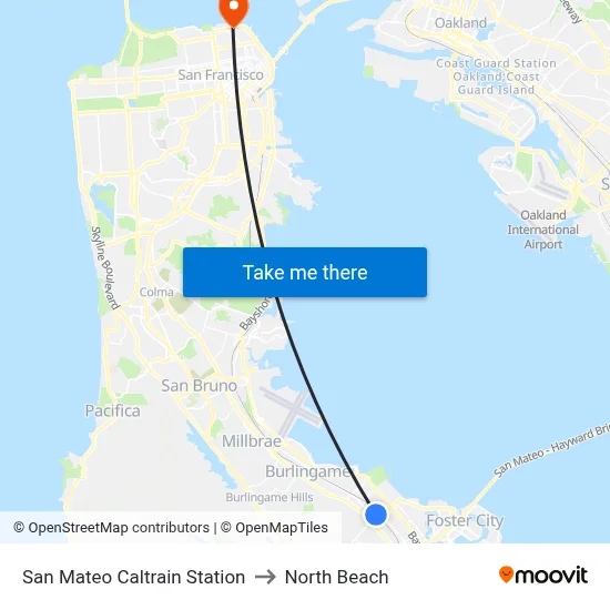 San Mateo Caltrain Station to North Beach map