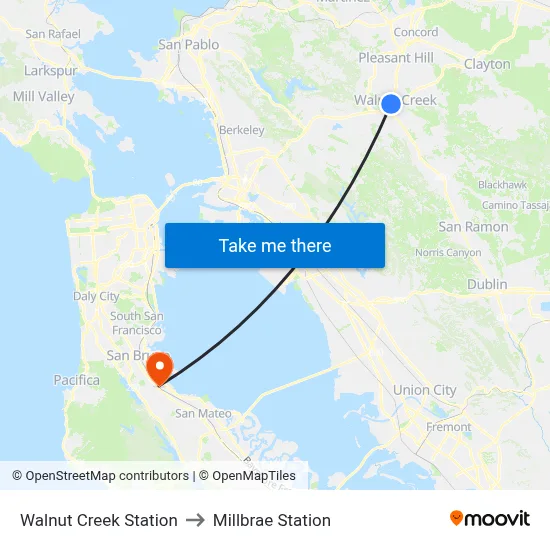 Walnut Creek Station to Millbrae Station map