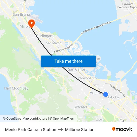 Menlo Park Caltrain Station to Millbrae Station map