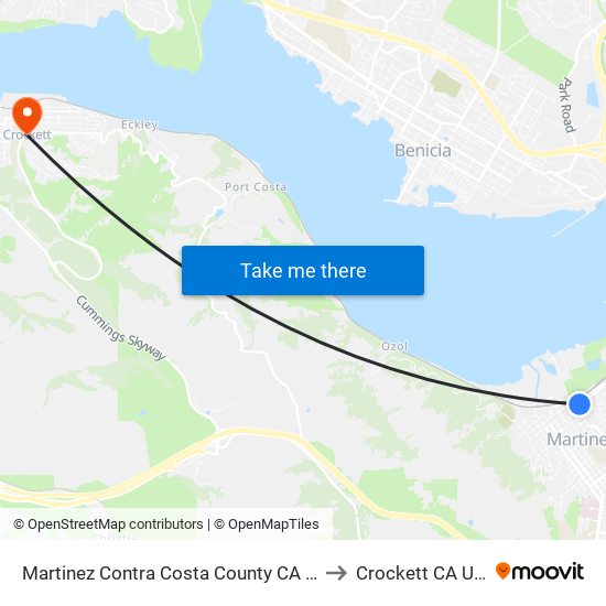 Martinez Contra Costa County CA USA to Crockett CA USA map