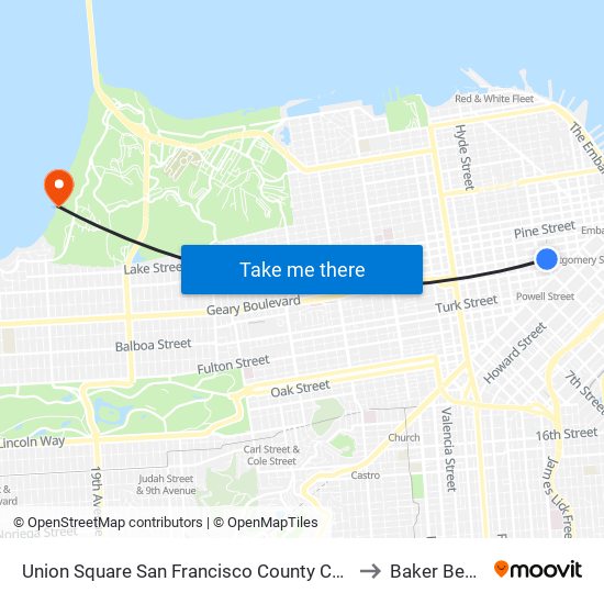 Union Square San Francisco County CA USA to Baker Beach map