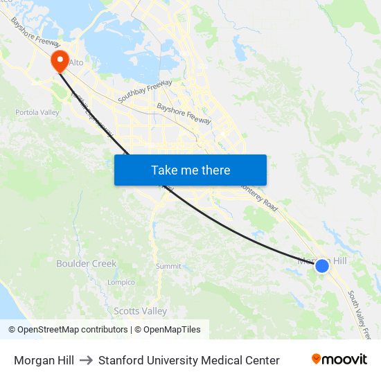Morgan Hill to Stanford University Medical Center map