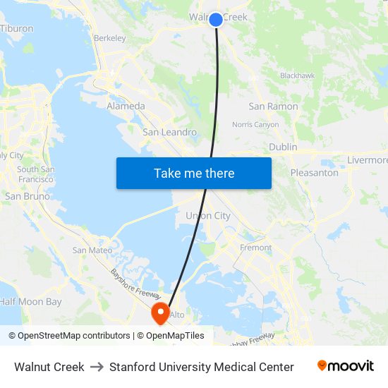 Walnut Creek to Stanford University Medical Center map