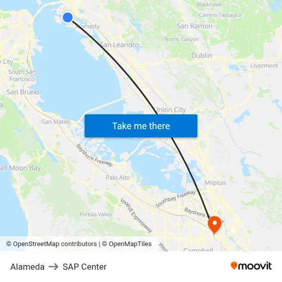 Alameda to SAP Center map