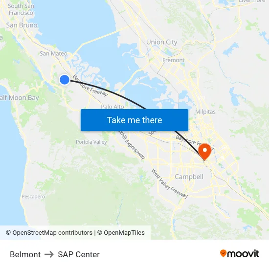 Belmont to SAP Center map