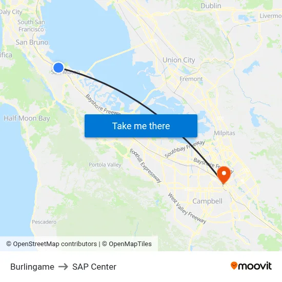 Burlingame to SAP Center map