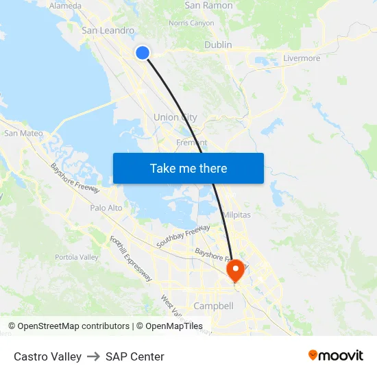Castro Valley to SAP Center map
