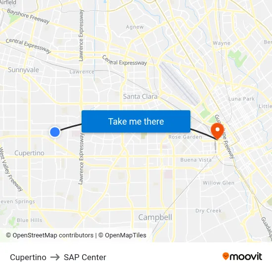 Cupertino to SAP Center map