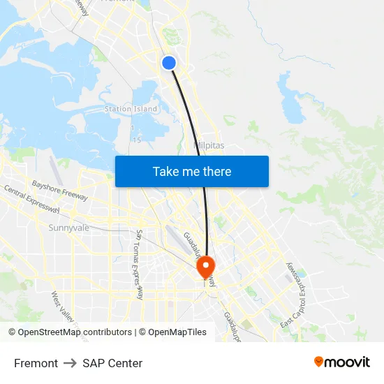 Fremont to SAP Center map