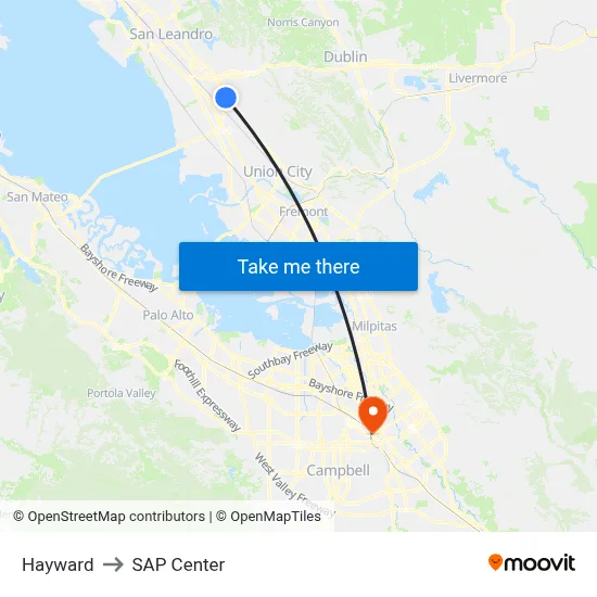 Hayward to SAP Center map
