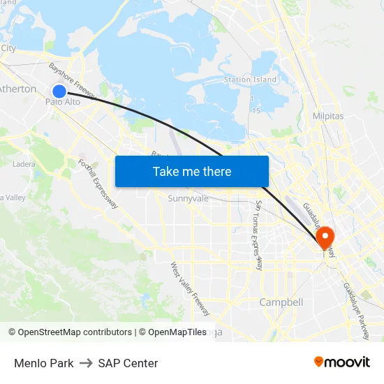 Menlo Park to SAP Center map