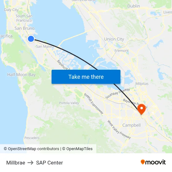 Millbrae to SAP Center map