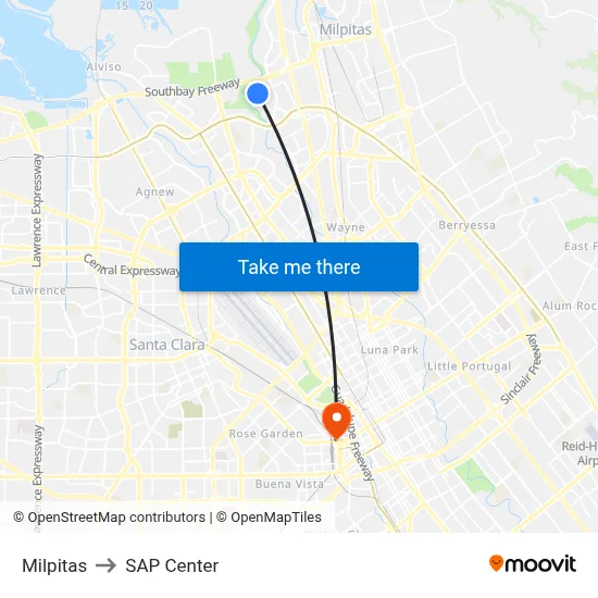 Milpitas to SAP Center map